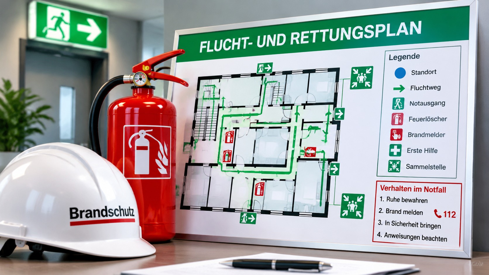 Flucht- und Rettungsplan mit Feuerlöscher und Schutzhelm